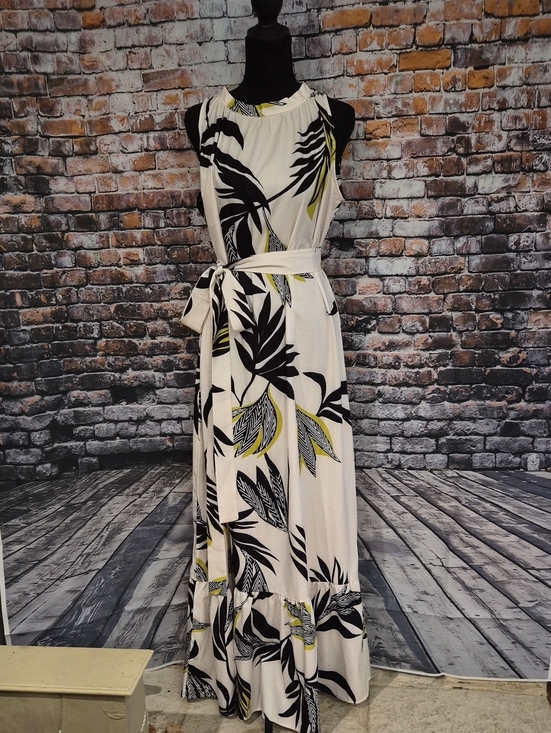 chicme Dresses & Skirts - Sleeveless Cream Maxi Dress with Black & Yellow Leaf Print and Waist Tie